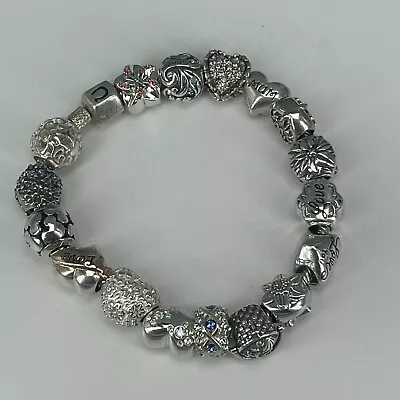 925 Sterling Silver Charm Bracelet Full  17 Charms Beads Love Crystal Chamilia  • £125