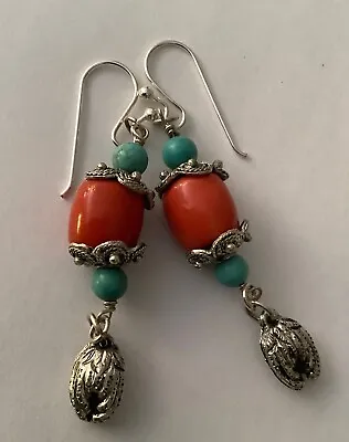 Vintage Chinese Sterling Silver Coral Turquoise Drop Pierced Earrings • $45
