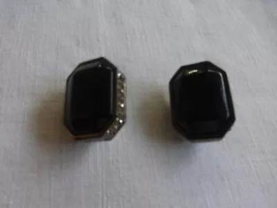 Vtg Liz Claiborne LC Gun Metal Marcasite Black Lucite Clip Earrings Art Deco • $9.99