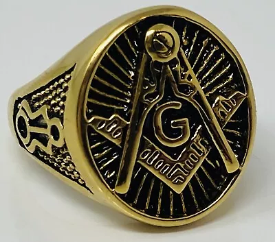 Stainless Steel Men’s Size 11 Masonic Mason Symbol Ring Gold Tone • $17.99