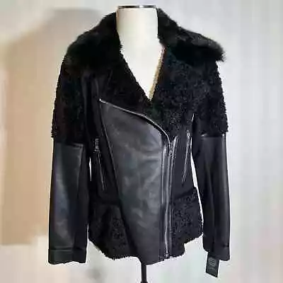 NWT Vince Camuto Black Mixed Media Faux Shearling Moto Jacket Womens Size Small • $138