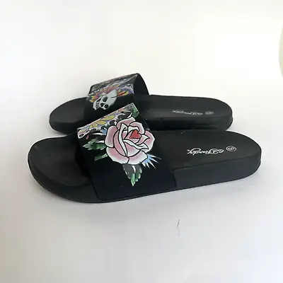 ED HARDY Black Slide Women’s Sandals Size 8 Rose Butterfly And Skull Design • $33.99