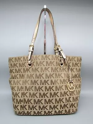 Michael Kors Jet Set Khaki Monogram Canvas Tote Handbag Purse • $19.99