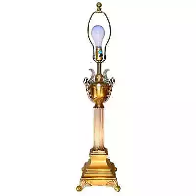 LARGE Vintage Column Brass Glass Neoclassical Table Lamp • $200