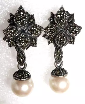 Vintage Art Deco Sterling Silver Marcasite W/ Faux Pearl Pierced Dangle Earrings • $39.99