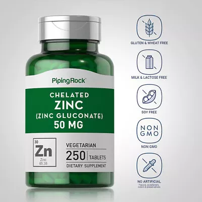 Piping Rock Chelated Zinc (Gluconate) 50 Mg 250 Vegetarian Tablets • £9.99