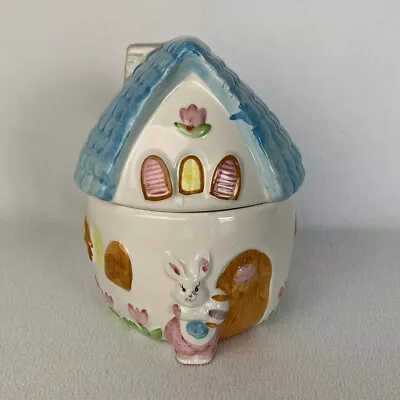 Easter Bunny Rabbit House Cottage Cookie Jar 9” Ceramic Egg Shape • $20