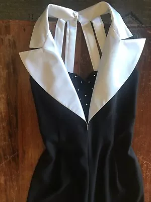 Vtg 90s White Tie Affair Tuxedo Dress Long Statement Black & White Beaded Plunge • $34