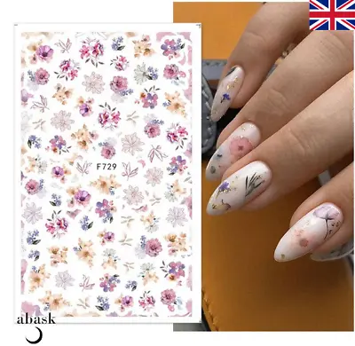 Floral Nail Art Stickers Transfers Decals Spring Flowers Purple Pink Nails • £2.89