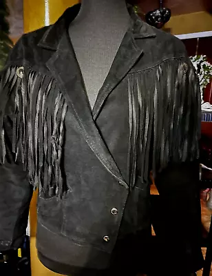 Vintage G-111 Black Leather Heavy Fringed Jacket Conchos Laced Back/Cuffs Sz. M • $73.99