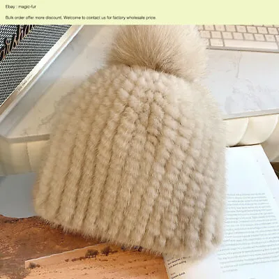 Womens Winter Warm Real Mink Fur Hat Knitted Beanie Ski Cap W Real Fox Fur Ball • $21