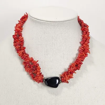 Coral Necklace Orange Red Nuggets Black Onyx Bead 17  Beaded Jewelry • $39.99