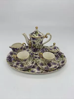 Vintage Sadler Windsor England Porcelain Purple Pansy Teapot Miniature Set Of 8 • $29.99