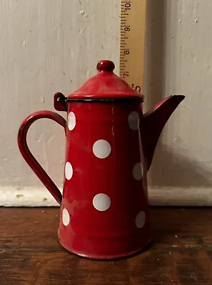 Antique Vintage Red With White Polka Dots Enamel Tea Pot Pitcher • $29.99