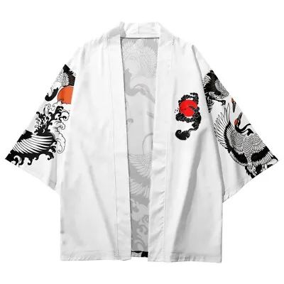 Men Japanese Kimono Crane Print Coat Open Front Cardigan 3/4 Sleeve Outwear Chic • $22.32