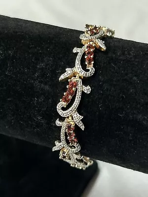 Vtg Gold 925 Sterling Silver Floral Red Garnet DiamondTennis Bracelet 7.25”19.8g • $24.50