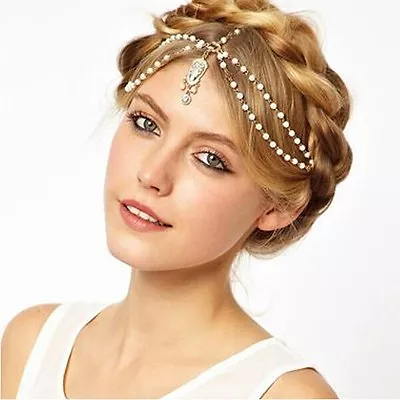 UK Gold Pearl Chain White Bead Crown Tikka Head Hair Cuff Headband Headpiece • £4.99