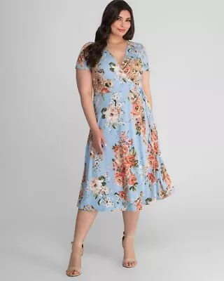 Kiyonna Dress Blue Floral 3X Harper Style Faux Wrap V Neck Colorful Packs Well • $50.99