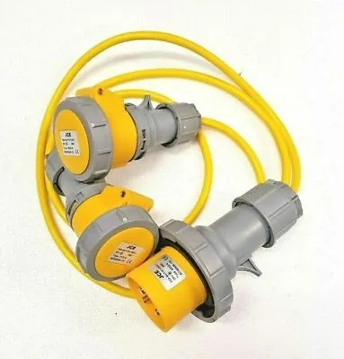 32A Plug To 2 X 16A Sockets. 1.5mm Arctic Yellow 110V IP67 Power Splitter - 1M • £26.50