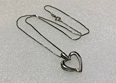 Sterling Silver Loveheart Necklace 925 CZ Detail 40cm Long Box Chain VGC • £14.99