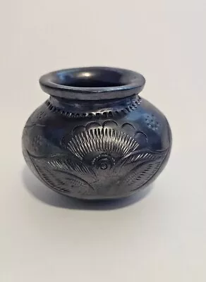 Oaxaca Mexican Barro Negro Black Pottery Handmade Vase Floral Design  • $18.99