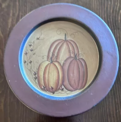 Donna White THANKSGIVING FALL Hand Painted Brown Wood Pumpkin Plate 9.5 In Vtg • £14.24