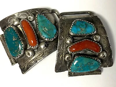 Vintage Native American Turquoise Coral Sterling Heavy Men's Watch Tips 24.5 Gr • $199.99