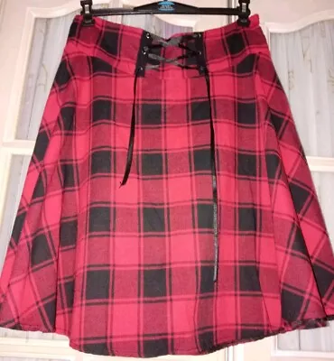 Goth Punk Lightweight Cotton Feel Flared Red Black Tartan Corset Skirt • £4.95