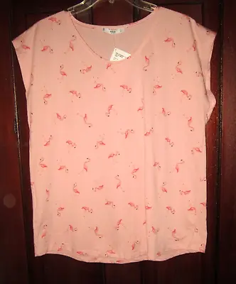 MNG Mango New M Tee Shirt Knit Top Blouse Flamingo Print Pink Birds Short Sleeve • $24.99