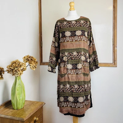 Japanese 70s Style Brown Green Floral Scarf Print Smock Dress Pockets 16 • £22
