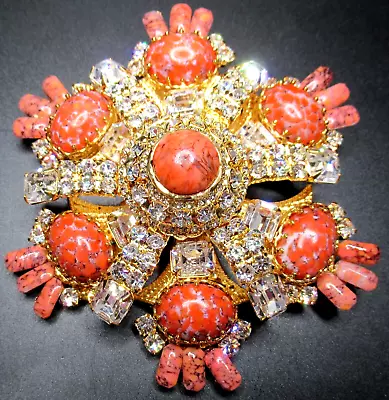 LAWRENCE VRBA Coral Colored Stippled Glass Cabochon Rhinestone HUGE Pin • $399.99