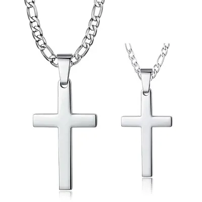 $10.99 • Buy Cross Pendant Necklace For Men Women Stainless Steel Pendant Figaro Chain Silver