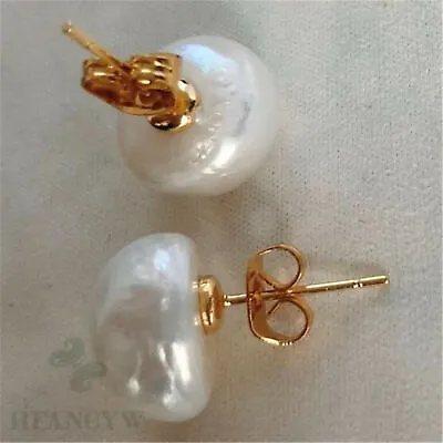 11-12mm Fashion Mabe White Baroque Pearl 18K Gold Earrings Gorgeous Classic Mabe • $10.25