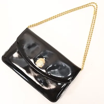 Vtg CELINE Handbag Black Patent Leather Black Gold Chain Adjustable Shoulder  Ba • $279.95