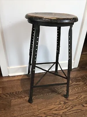 Vintage Industrial Stool Wood Steel Adjustable • $99