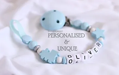 Dummy Clip Baby Blue Train Personalised For Baby By MiniBaby • £9.45