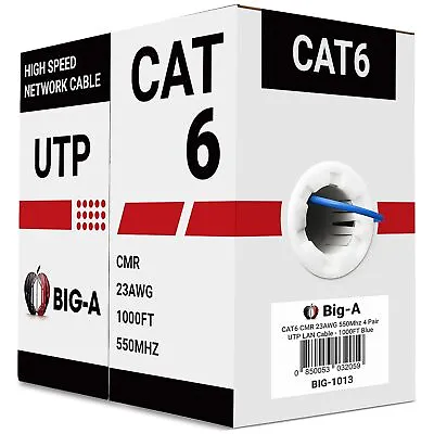 Cat6 Cable 1000ft 23AWG Solid 4 Pair Bulk Cat 6 Ethernet Cable (UTP CMR) 550MHz • $59.99