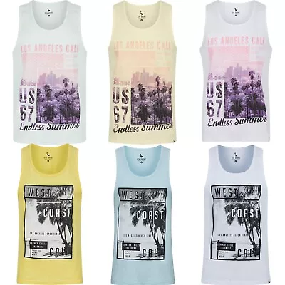 Men's Printed Vest Tank Top Sleeveless T Shirt 100% Cotton Regular Fit Holiday • £8.95