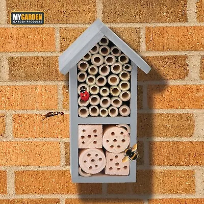 Wooden Bug Insect House Natural Wood Bee Hotel Garden Nesting Shelter Grey 26cm • £10.49