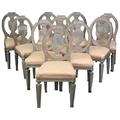 Set 10 Genuine Swedish Gustavian Gilded Gray Paint Decorated Dining Chairs • $4995