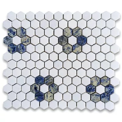 T31F16XP Thassos White Marble Hexagon Rosette Mosaic Tile W/ Azul Macaubas Blue • $63.99