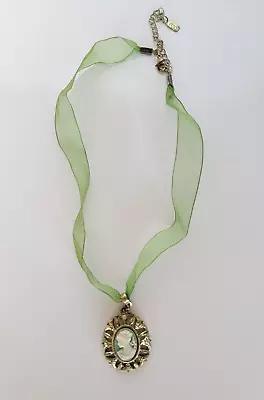 1928 Company Vintage Cameo Necklace Gold Tone Green Ribbon 16  + 3  Extender • $6.99