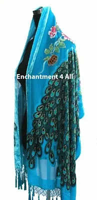 Handmade Beaded 100% Silk Velvet 2-Peacock Scarf Shawl Turquoise • $27.99