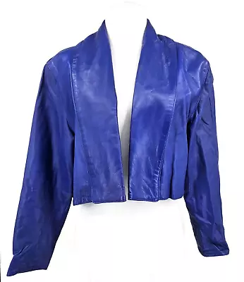 $90 • Buy Vintage Vakko Blue Leather Crop Jacket Womens 10 Long Sleeve Open Front 80s