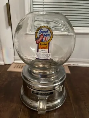 Vintage Ford Gum Ball Machine Penny Glass Silver  1 One Cent Globe - Works • $229.99