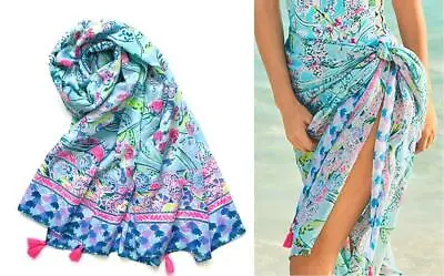 NEW Pretty! Lilly Pulitzer Seaspray Wrap Scarf Bali Blue Sway This Way Coverup • $19