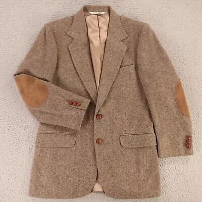 VINTAGE Donegal Tweed Jacket S Brown Herringbone Lambs Wool Elbow Patches 36R • $99.97