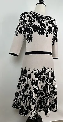 Taylor Fit N Flare Sweater Dress MEDIUM Beige Black Floral 3/4 Sleeve Stretch • $26.95