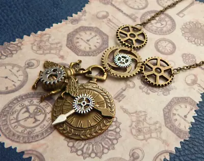 Steampunk Bee & Clock Pendant Jewelry Handmade NEW Cosplay Fashion Gears Gold • $19.99