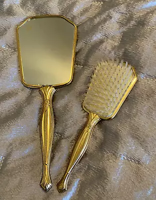 Vintage Hand Held Mirror And Brush Vanity Set Gold Tone Metal  • $25